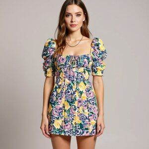 Zara Yellow & Purple Floral Print Corset Style Mini Dress Size Medium